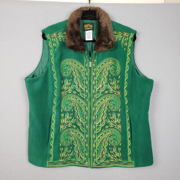 Bob Mackie Jackets & Blazers - Bob Mackie Women's XL Faux Fur Embroidered Zip Up Vest Green Celtic Vibe Layer‎